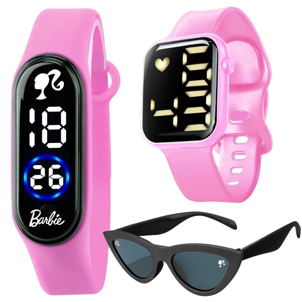 relogio infantil rosa barbie digital + oculos proteção uv presente formato gatinho resistente preto