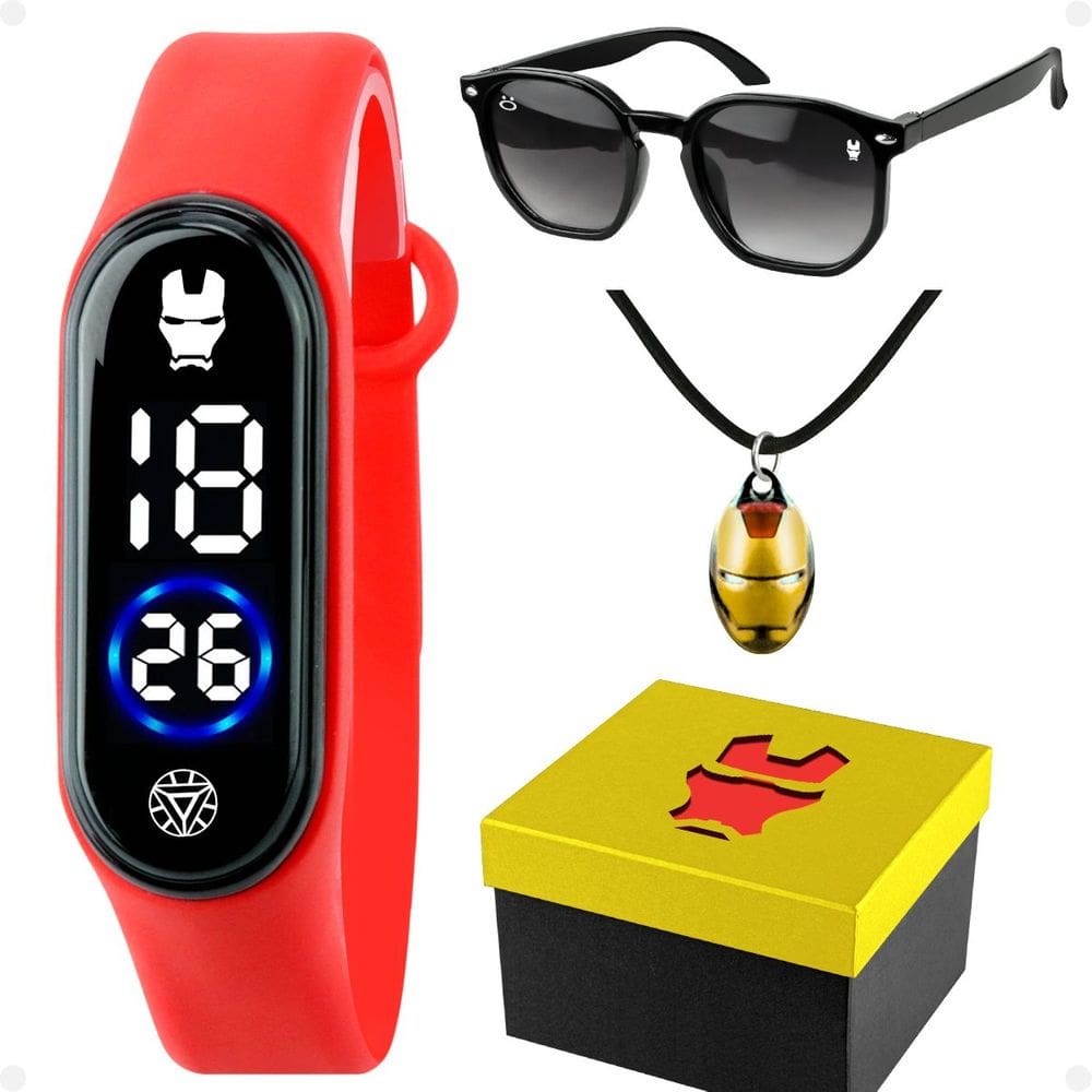 relogio digital infantil iron man + oculos + colar + caixa kids vermelho silicone led ajustavel