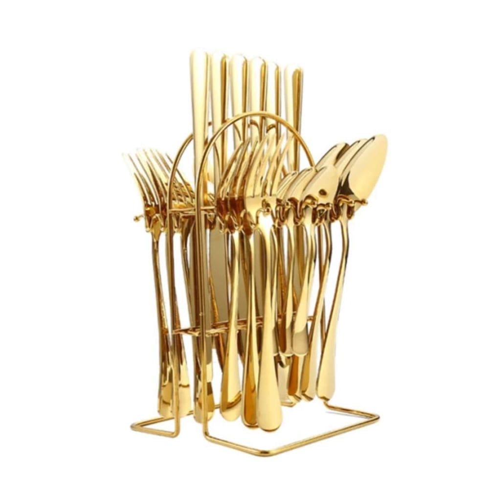 Faqueiro 24 Peças Aço Inox Dourado Com Suporte