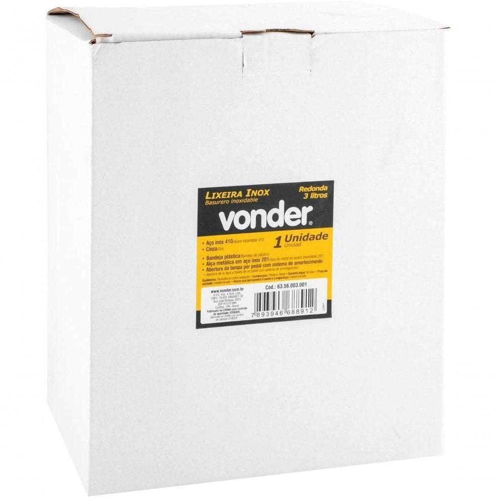 Lixeira Redonda 3 Litros Inox Cinza Vonder