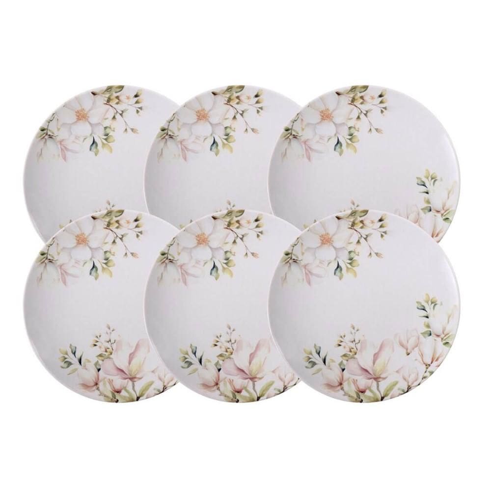 Jogo 6 Pratos Rasos Porcelana Decorada 28cm Tramontina Magnólia Mesa Posta Eventos
