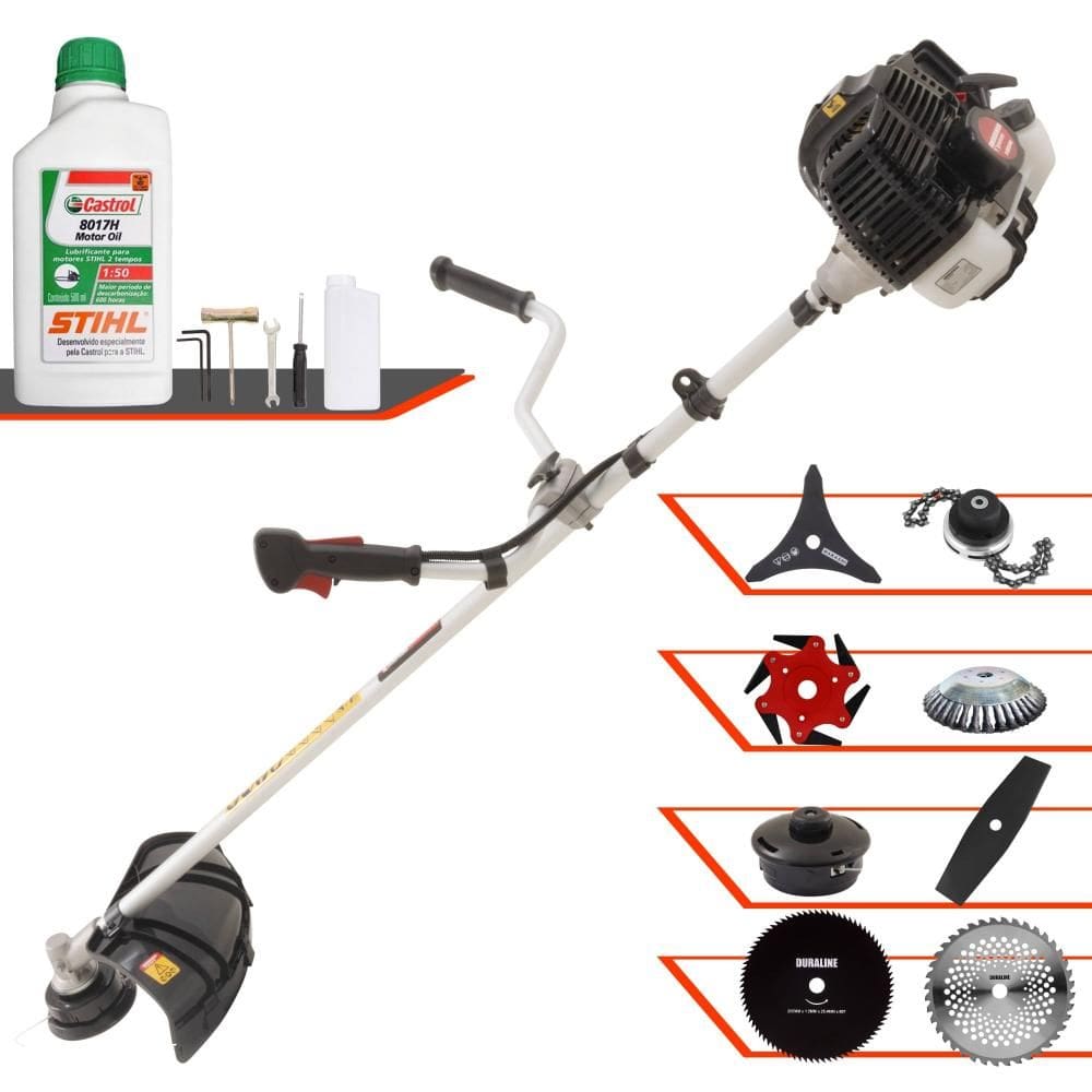 Roçadeira Kawashima KW52LE 52cc 2,5HP + Facas 2 Pontas, 3 Pontas, 6 Pontas, 40 Dentes, 80 Dentes, Trimmer, Carretel, Escova de Aço + ÓLEO STIHL 2T