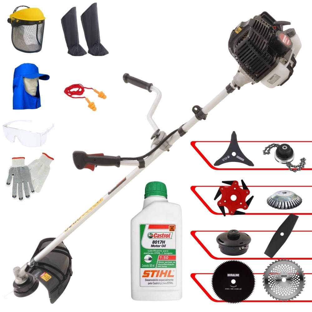 Roçadeira Kawashima KW52LE 2,5HP 52cc + Facas 2 Pontas, 3 Pontas, 6 Pontas, 40 Dentes, 80 Dentes, Trimmer, Carretel e Escova + EPI + ÓLEO STIHL 2T