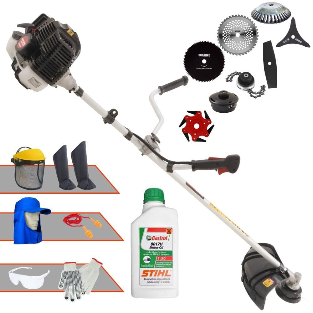 Roçadeira Profissional Kawashima KW52LE À Gasolina 52cc 2,5HP Alta Rotação Com Carretel de Nylon + Kit 7 Opções de Cortes + EPI + ÓLEO STIHL 2 Tempos