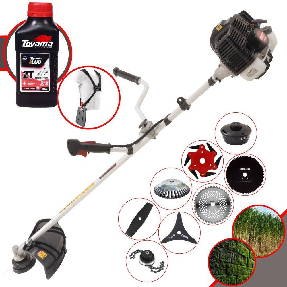 Roçadeira Kawashima KW52LE 52cc 2,5HP Com Carretel + Lâminas 2 Pontas, 3 Pontas, 6 Pontas, 40 Dentes, 80 Dentes, Trimmer e Escova de Aço + ÓLEO TOYAMA
