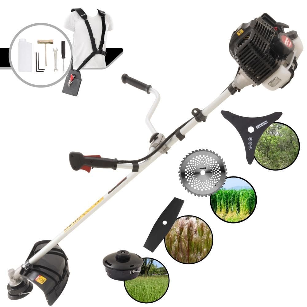 Roçadeira Robusta Kawashima KW52LE À Gasolina 52cc 2,5HP 4 Opções de Corte Com Lâmina Facão, Lâmina 3 Pontas, Lâmina 40 Dentes e Carretel de Nylon