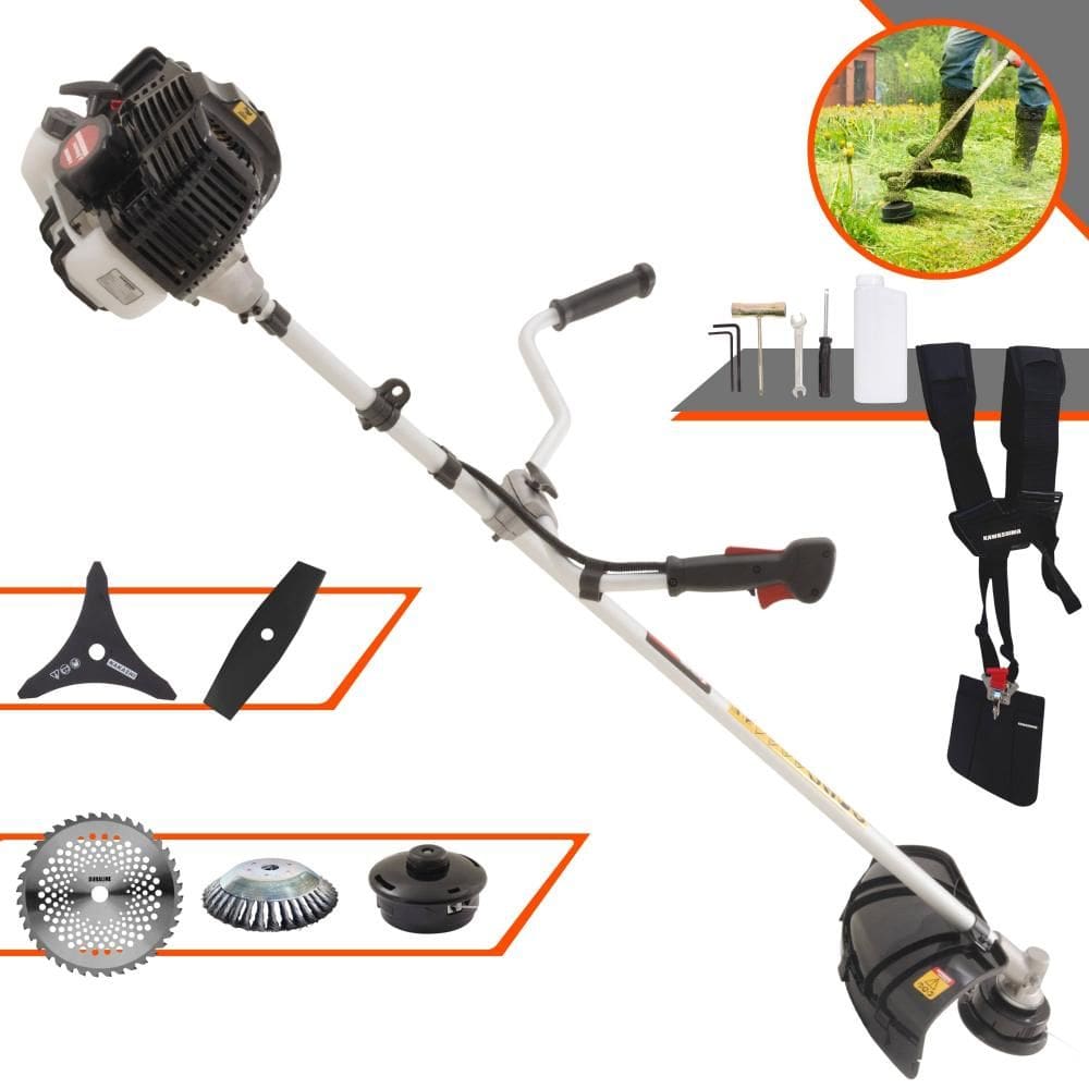 Roçadeira Robusta Kawashima KW52-LE À Gasolina 52cc 10.000rpm 2,5HP Com Kit 3 Lâminas de Corte, Carretel de Nylon e Escova de Aço Circular 38 Cerdas