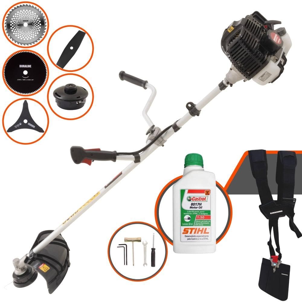 Roçadeira Cortador de Grama Lateral À Gasolina Kawashima KW52LE 52cc 2,5HP Completa 5 em 1 Com Carretel + 4 Lâminas de Corte + ÓLEO STIHL 2 Tempos