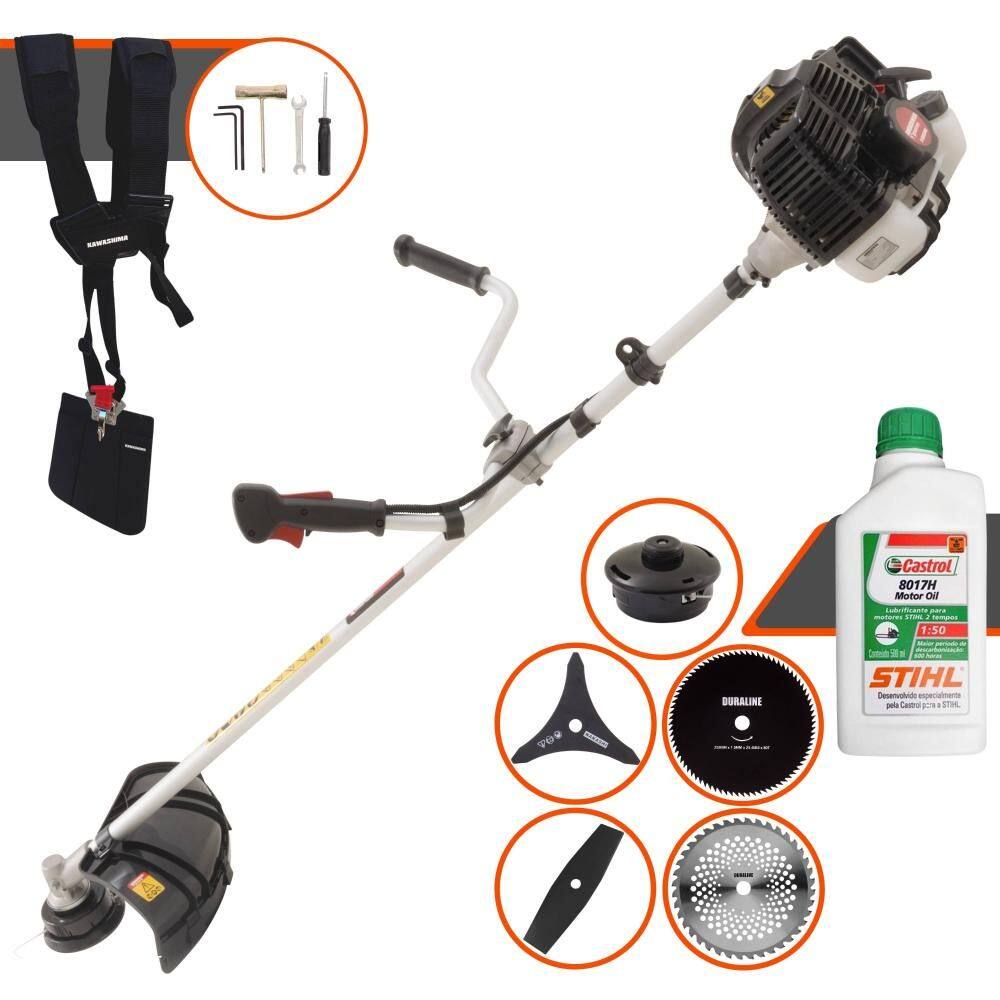 Roçadeira Completa Kawashima KW52LE À Gasolina 52cc 2,5HP 10.000rpm Com Carretel Nylon + Lâminas Facão, 3 Pontas, 40 Dentes, 80 Dentes + ÓLEO STIHL