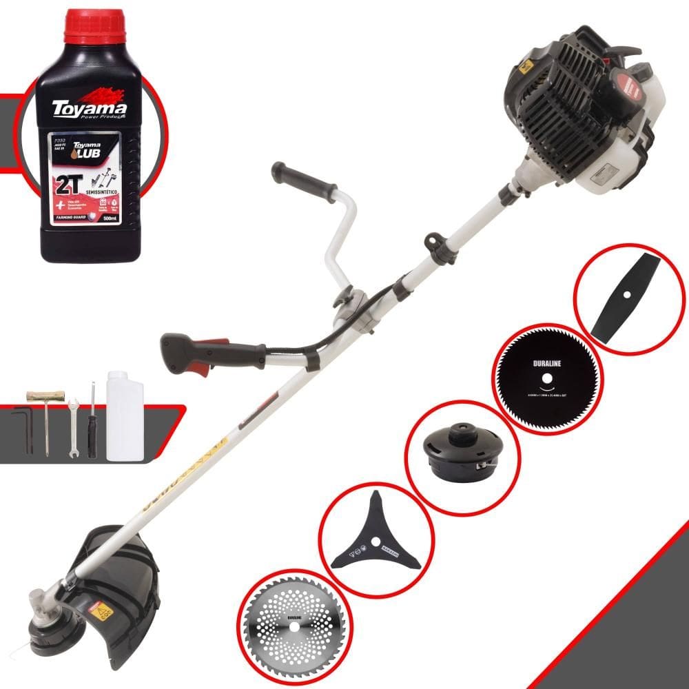 Roçadeira Multifuncional Kawashima KW52LE À Gasolina 52cc 2,5HP 10.000rpm Com Carretel de Nylon + Kit 4 Lâminas de Corte + ÓLEO TOYAMA FG50 2 Tempos