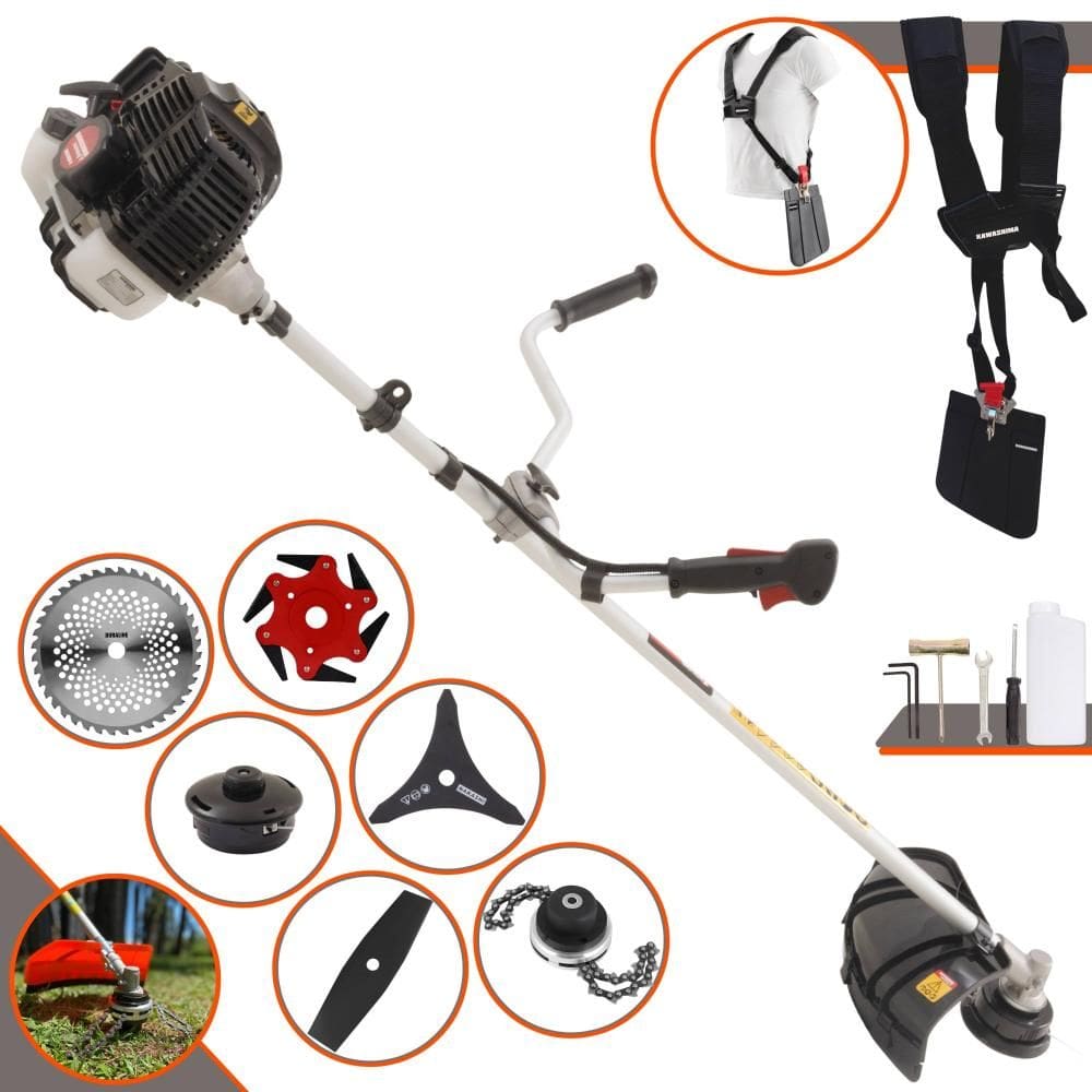 Roçadeira Robusta Kawashima KW52LE À Gasolina 52cc 2,5HP Alta Rotação Para Todos os Tipos de Trabalho Com Carretel Nylon + Kit de 5 Lâminas de Cortes