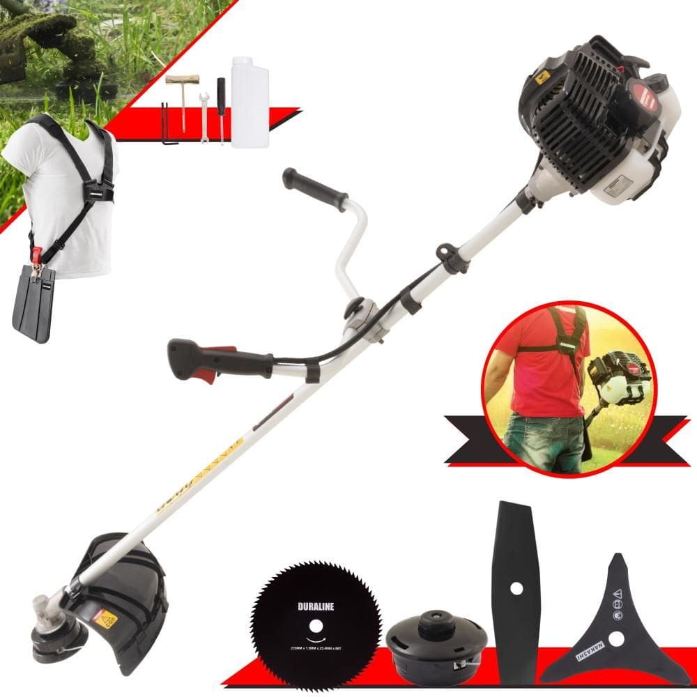 Roçadeira Multifunções Kawashima KW52-LE À Gasolina 52cc 2,5HP 4 Opções de Corte Com Faca 2 Pontas, Faca 3 Pontas, Faca 80 Dentes e Carretel de Nylon