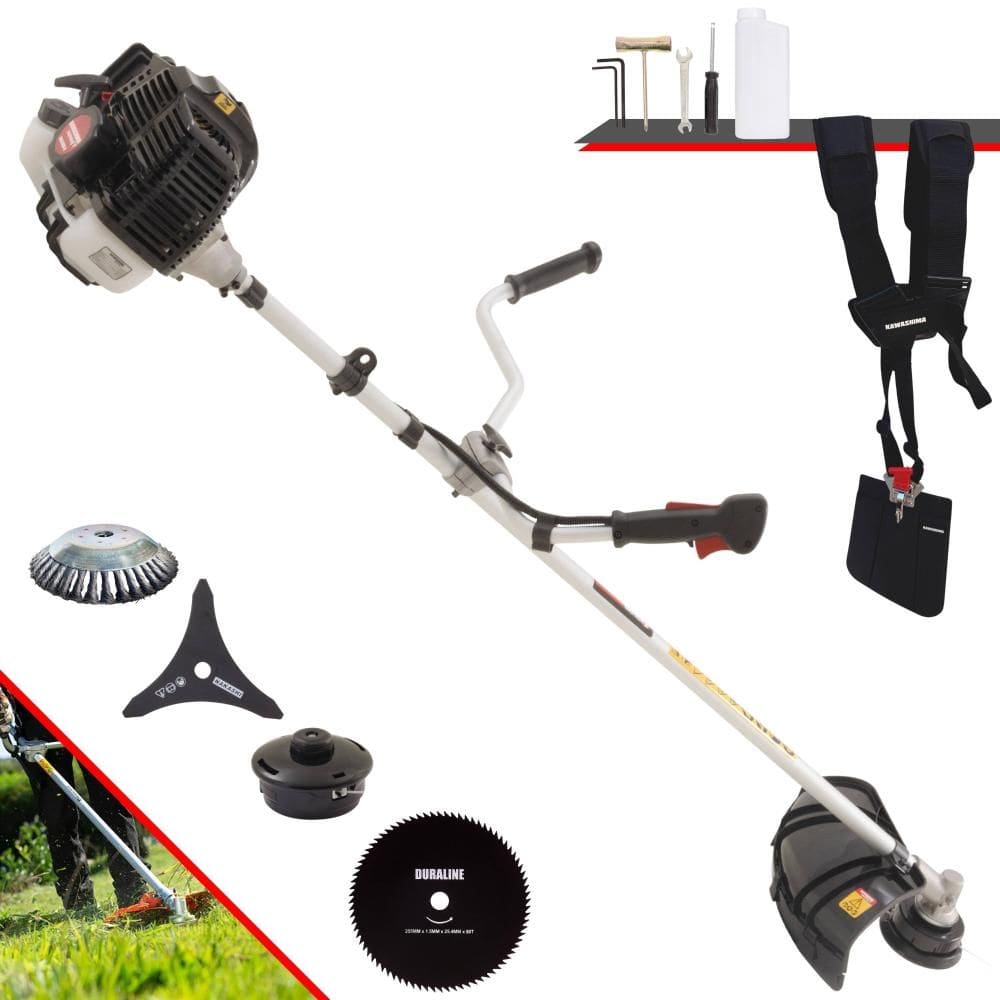 Roçadeira Podador de Grama Kawashima KW52LE À Gasolina 2T 52cc 2,5HP Completa Com Carretel de Nylon + Faca 3 Pontas + Faca 80 Dentes + Escova de Aço