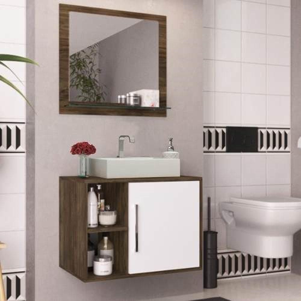 Conjunto Gabinete de Banheiro 60cm com Cuba Arte Cas Carvalho/Branco