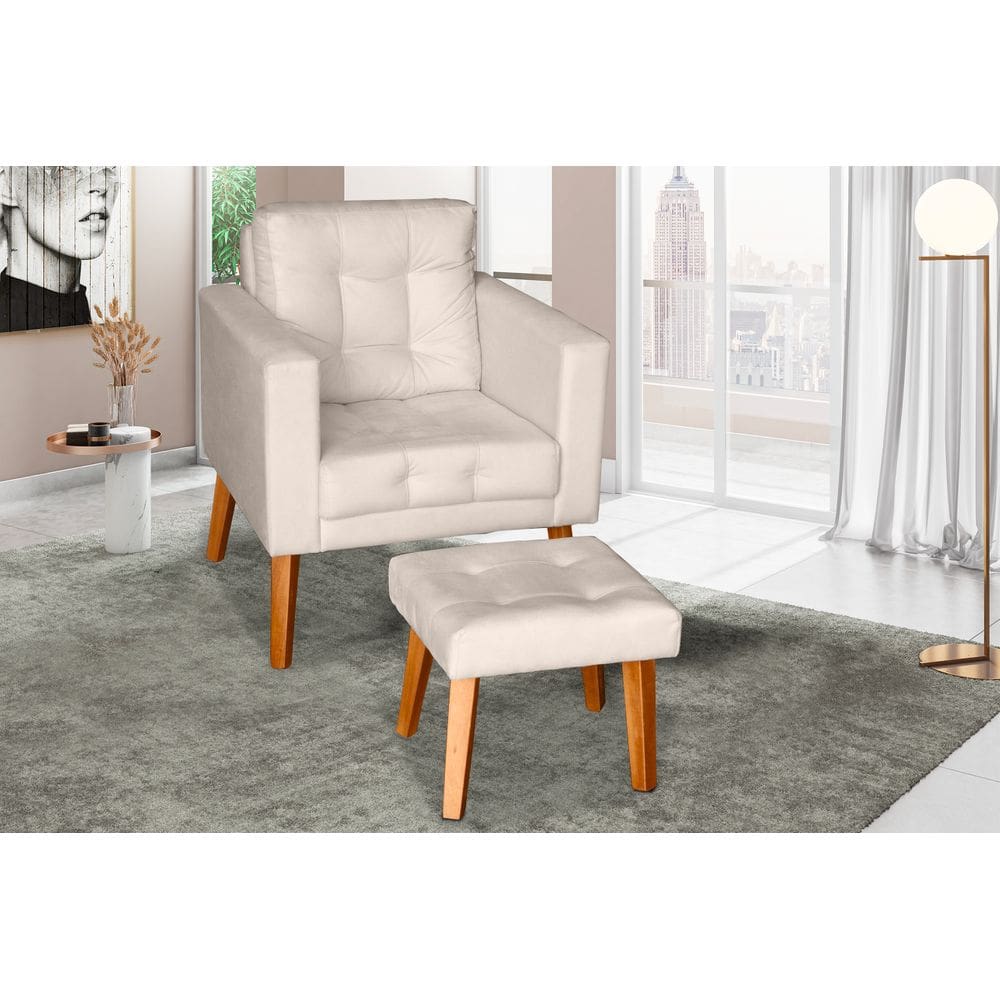 Sofá/Poltrona/Cadeira Decorativa com Puff  Glamour Dubai com pés em Madeira
