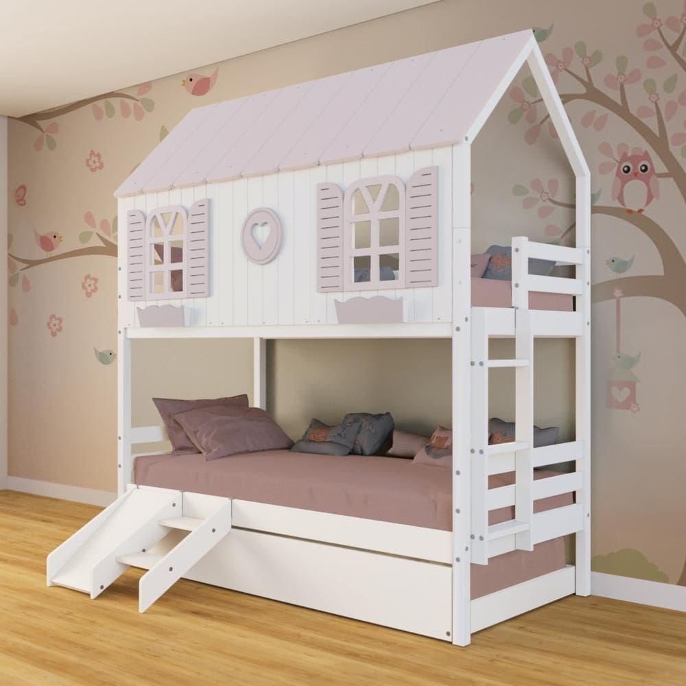 Treliche Casinha Bela com Coração Kit Escada/Escorregador - Madeira Maciça Branco/Rosa | Megamobilia