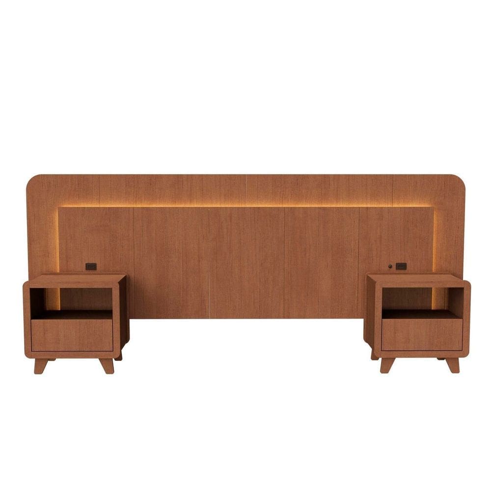 Cabeceira Casal Queen com 2 Mesas de Cabeceira Led 3000k e Tomadas 100% Mdf Mabel Castanho