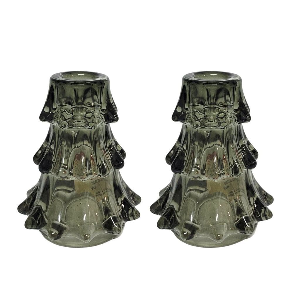 Jogo 2 Porta Velas Natalino Vidro Cravejado Pinheiro Verde 11cm -Magizi