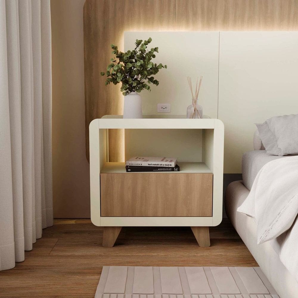 Mesa de Cabeceira 55cm com Gaveta e Nicho 100% Mdf Padrão Planejados Mabel Off White / Louro Freijó Grann