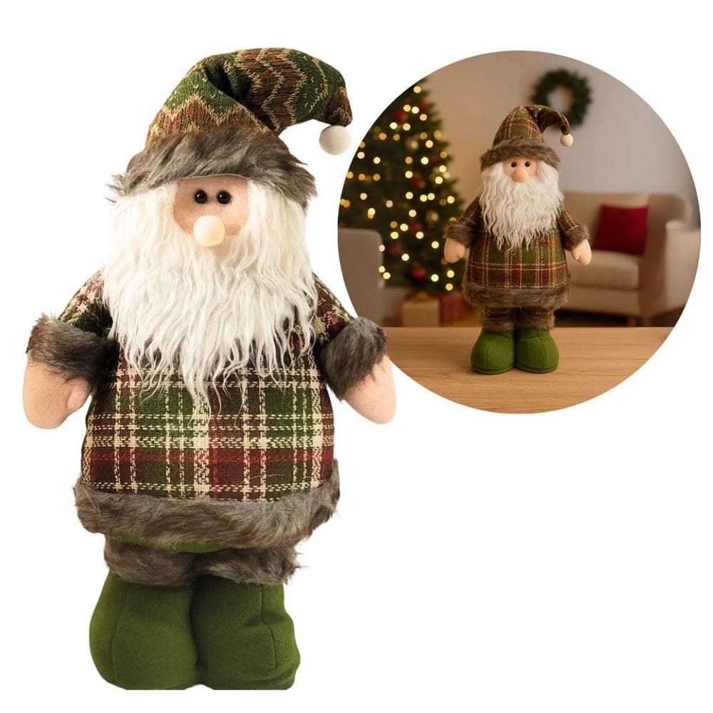 Papai Noel Decorativo Natal em Pé Pelúcia Xadrez Verde Premium Roupa e Gorro Crochê 40cm