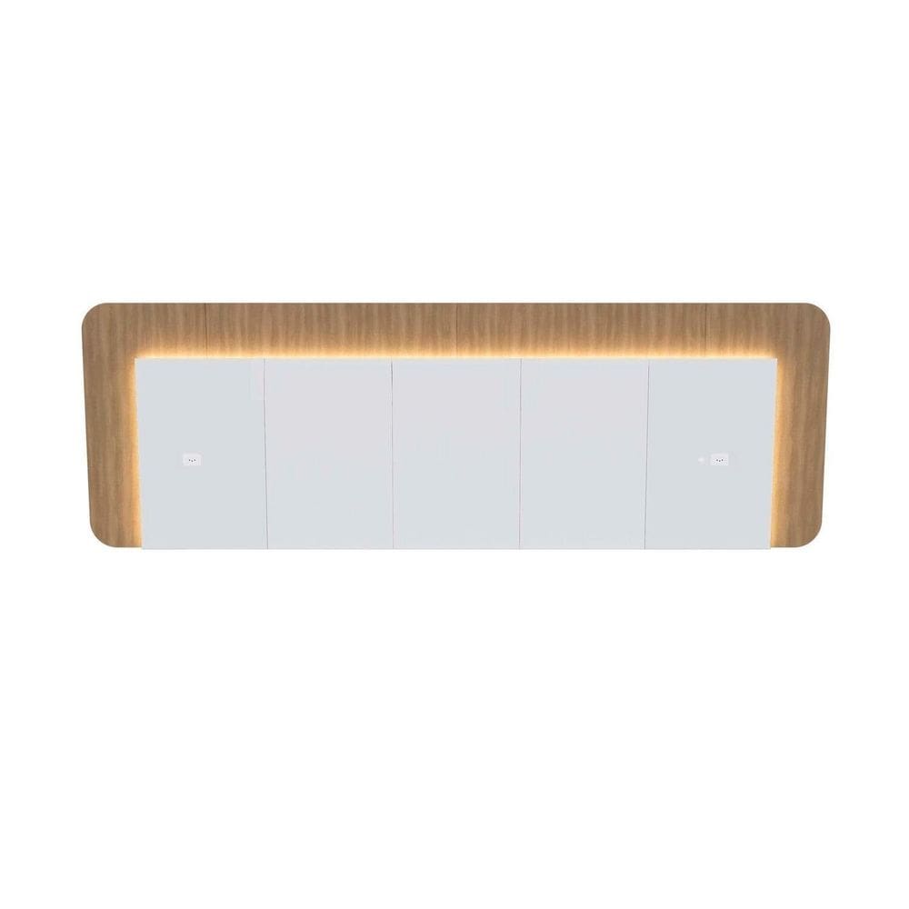 Cabeceira Casal Queen 272cm com Led 3000k e Tomadas 100% Mdf Padrão Planejados Mabel Branco/ Louro Freijó Grann