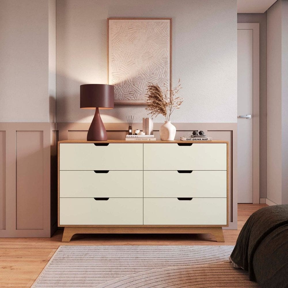 Cômoda para Quarto 6 Gavetas 100% Mdf Alice Off White / Castanho