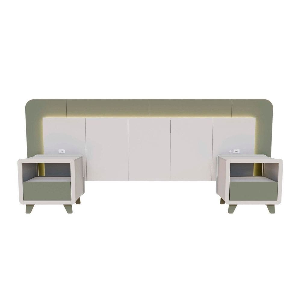 Cabeceira Casal Queen com 2 Mesas de Cabeceira Led 3000k e Tomadas 100% Mdf Mabel Branco/ Verti