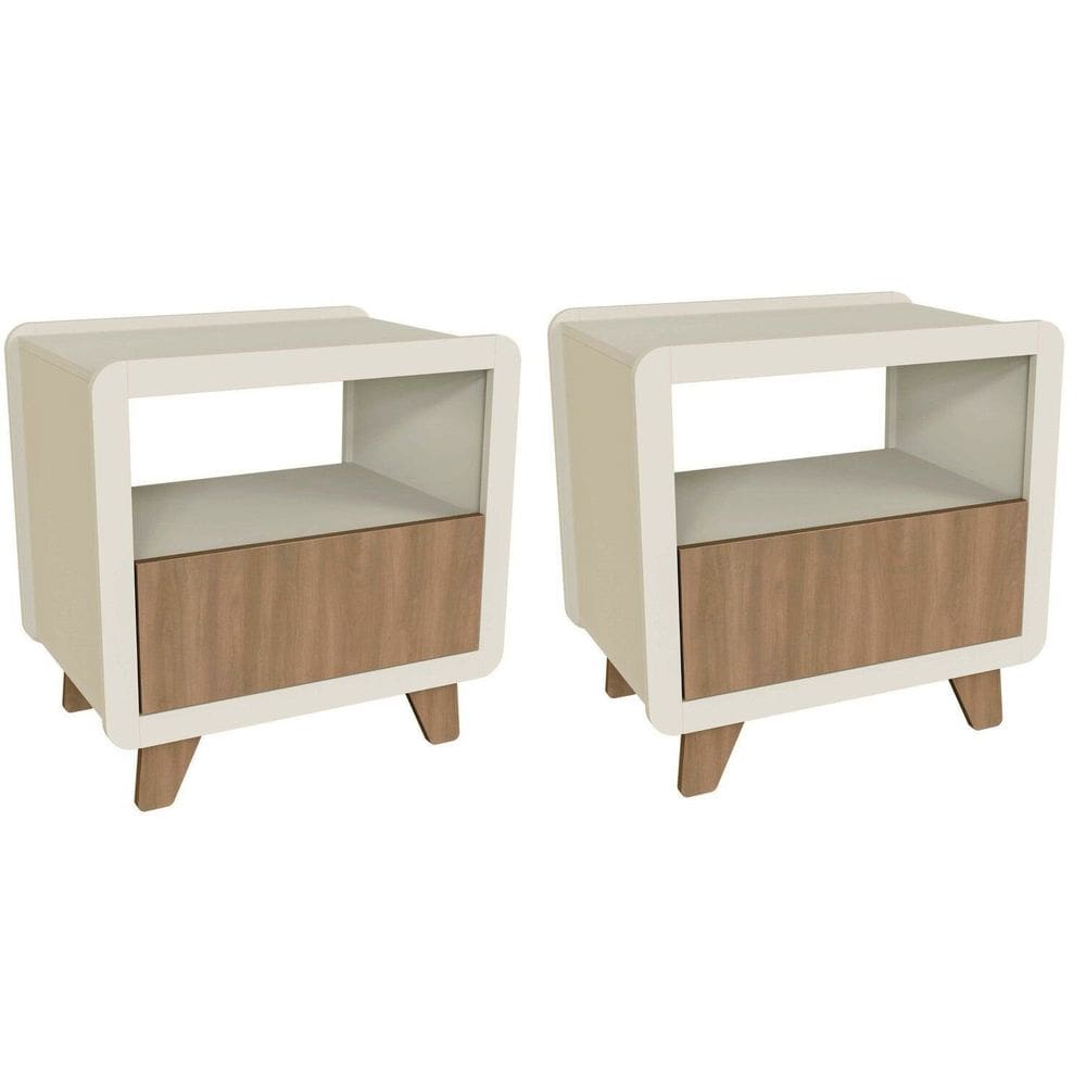 Conjunto 2 Mesas de Cabeceira 55cm com Gaveta e Nicho 100% Mdf Padrão Planejados Mabel Off White / Louro Freijó Grann