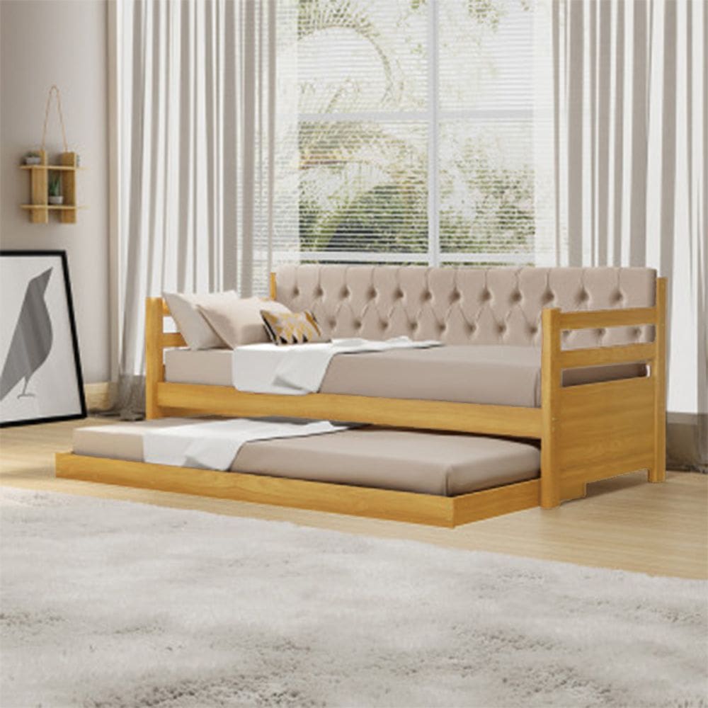 Bicama Solteiro Verona Imbuia Estofado Capitonê Veludo Bege com Cama Auxiliar