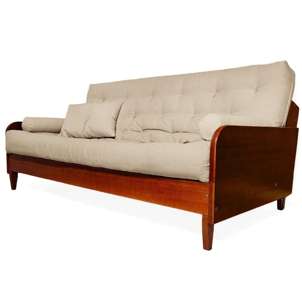 Sofá Cama Paris II Sarja em Madeira Maciça Cor Imbuia - Bege Claro