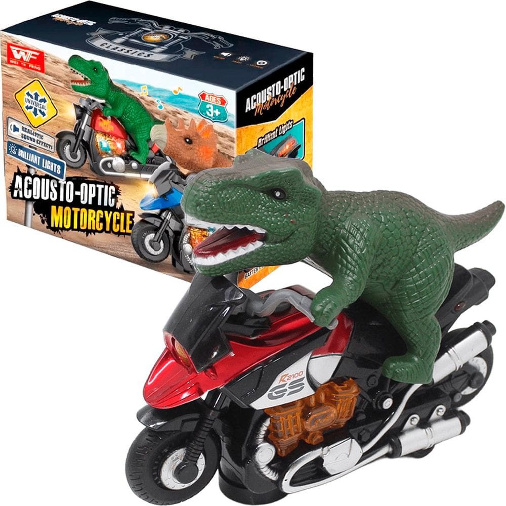 Brinquedo Dinossauro Motoqueiro Bate e Volta Som Luz À Pilha