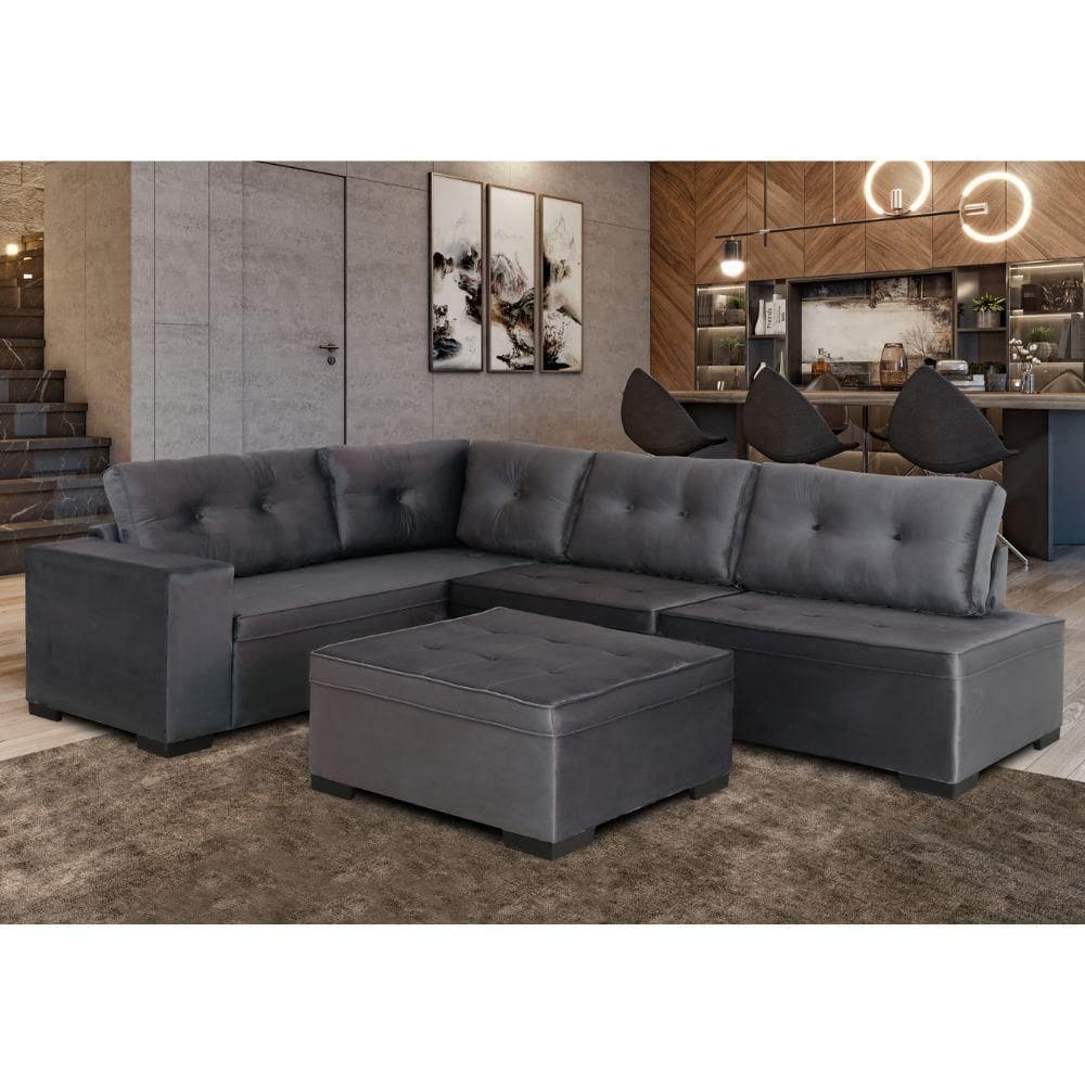 Sofá de Canto 3x2 Lugares Com Puff grafite Monaco Design Estofados