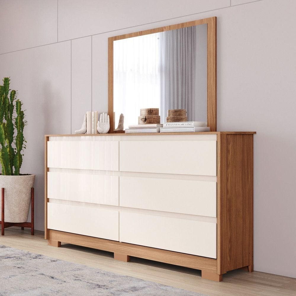 Cômoda 6 Gavetas Layla Com Espelho Casa 812 Nature Com Off White