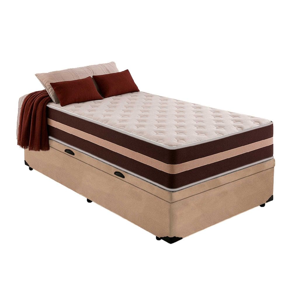 Cama Box Baú Solteiro 88 Suede Bege com Colchão Little Angel Mola Superlastic 63x88x188cm