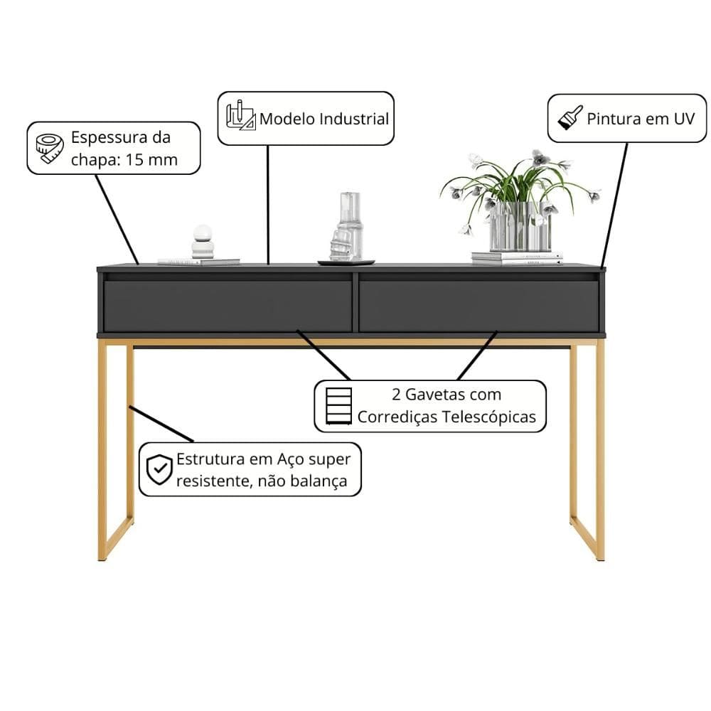 Aparador Buffet Iron Industrial Corredor Preto Dourado