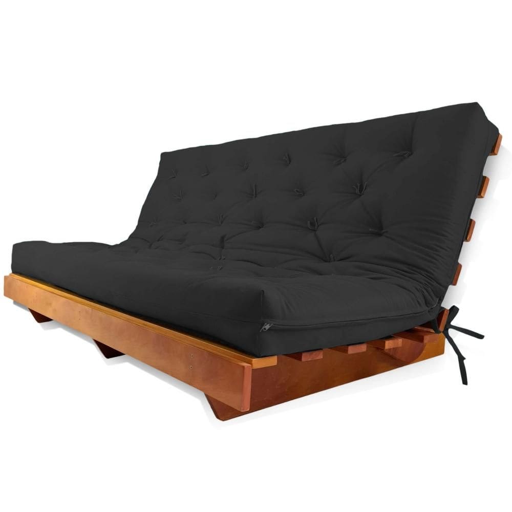 Sofá Cama Futon L Acquablock Preto em Madeira Nobre Maciça