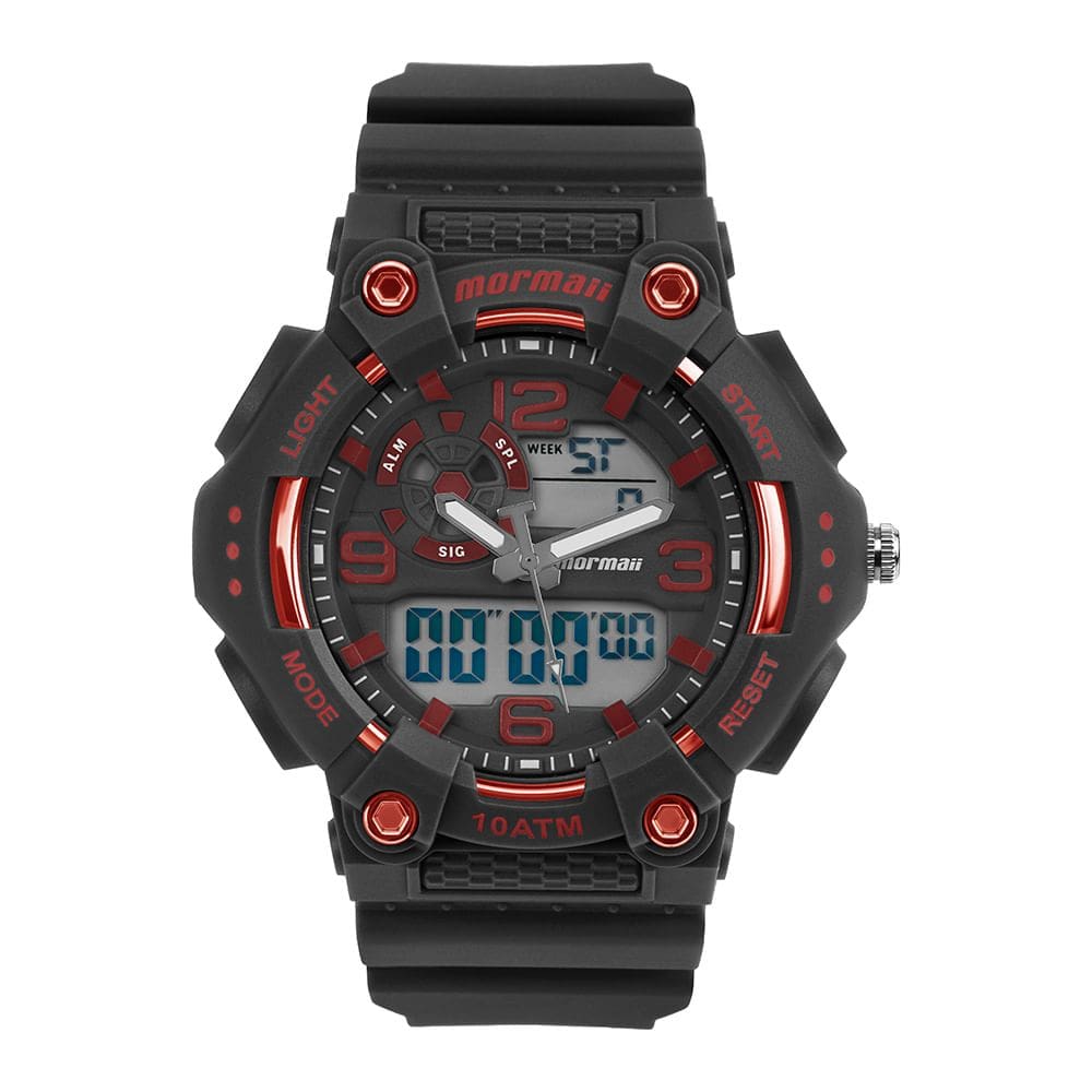 Relógio MORMAII masculino anadigi preto vermelho MO0626/8R