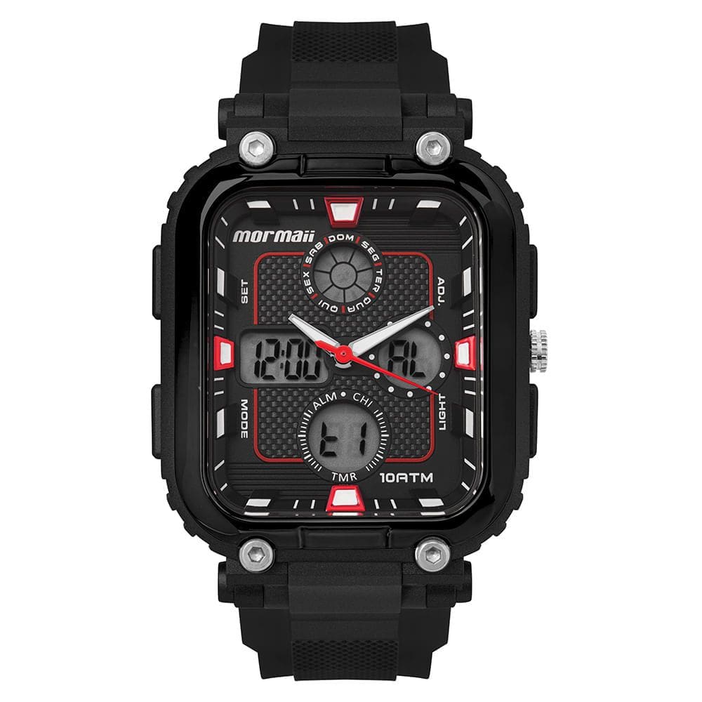 Relógio MORMAII masculino anadigi preto vermelho MO24200/8R