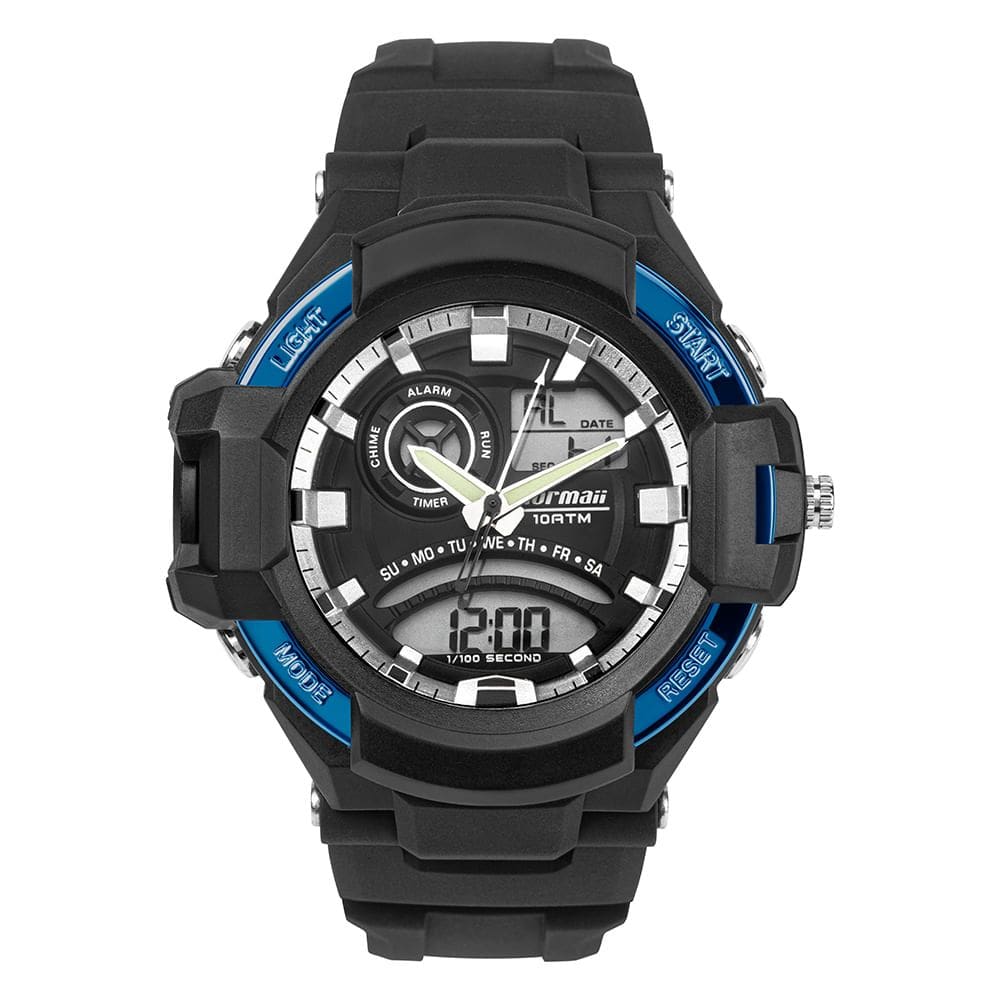 Relógio MORMAII masculino anadigi preto azul MO19501/8A