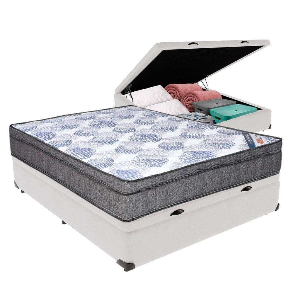 Cama Box Casal Baú Bege Colchão Ortobom Molas Ensacadas Pillow Branco
