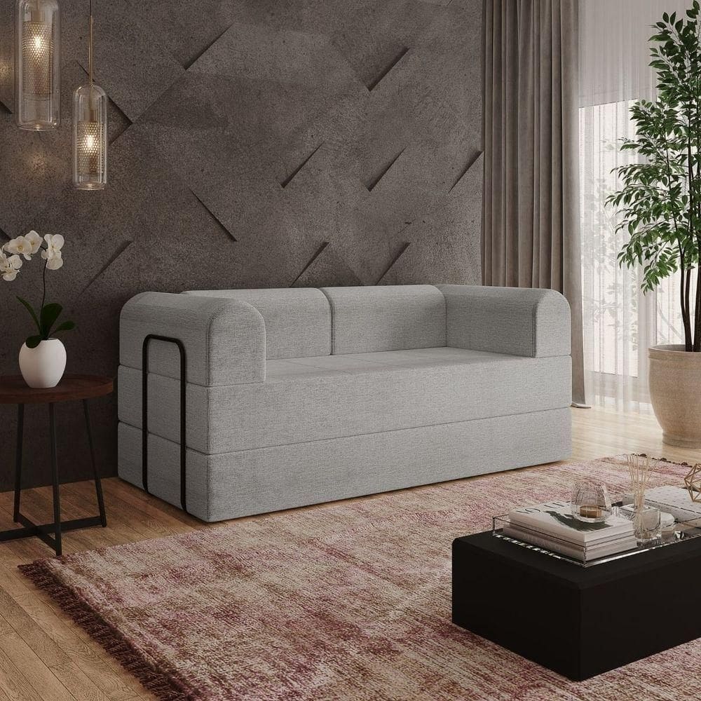 Sofá Na Caixa Modular 2 Lugares Linho Bege Para Sala Cinza