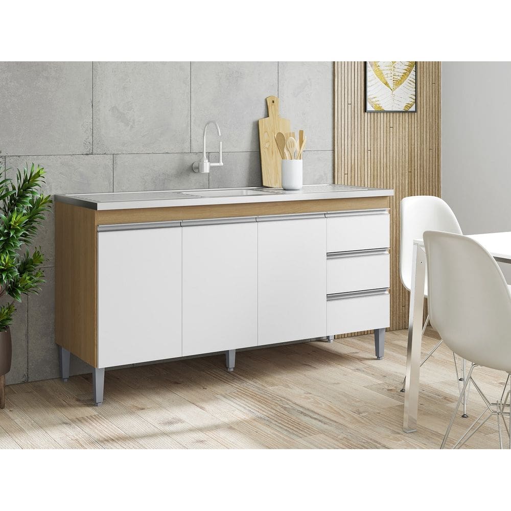 Balcão De Cozinha/Pia Andréia 150cm S/ Tampo 3 Portas e 3 Gavetas