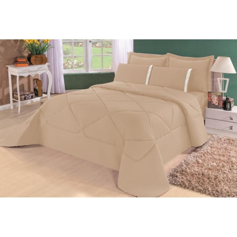 Kit Edredom Requinte Percal + Lençol Queen 6 Peças Bege