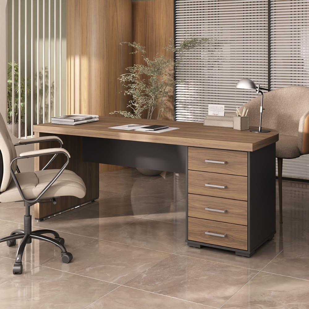 Mesa Tamburato Com Gavetas Ld - Nogal/Preto 6126