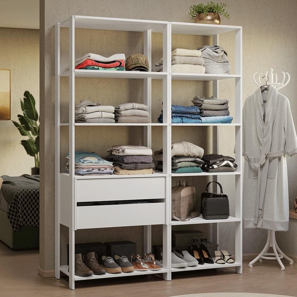 Guarda-roupa Closet Modulado 2 Gavetas 9 Prateleiras 129 Cm Valencia Madesa Branco