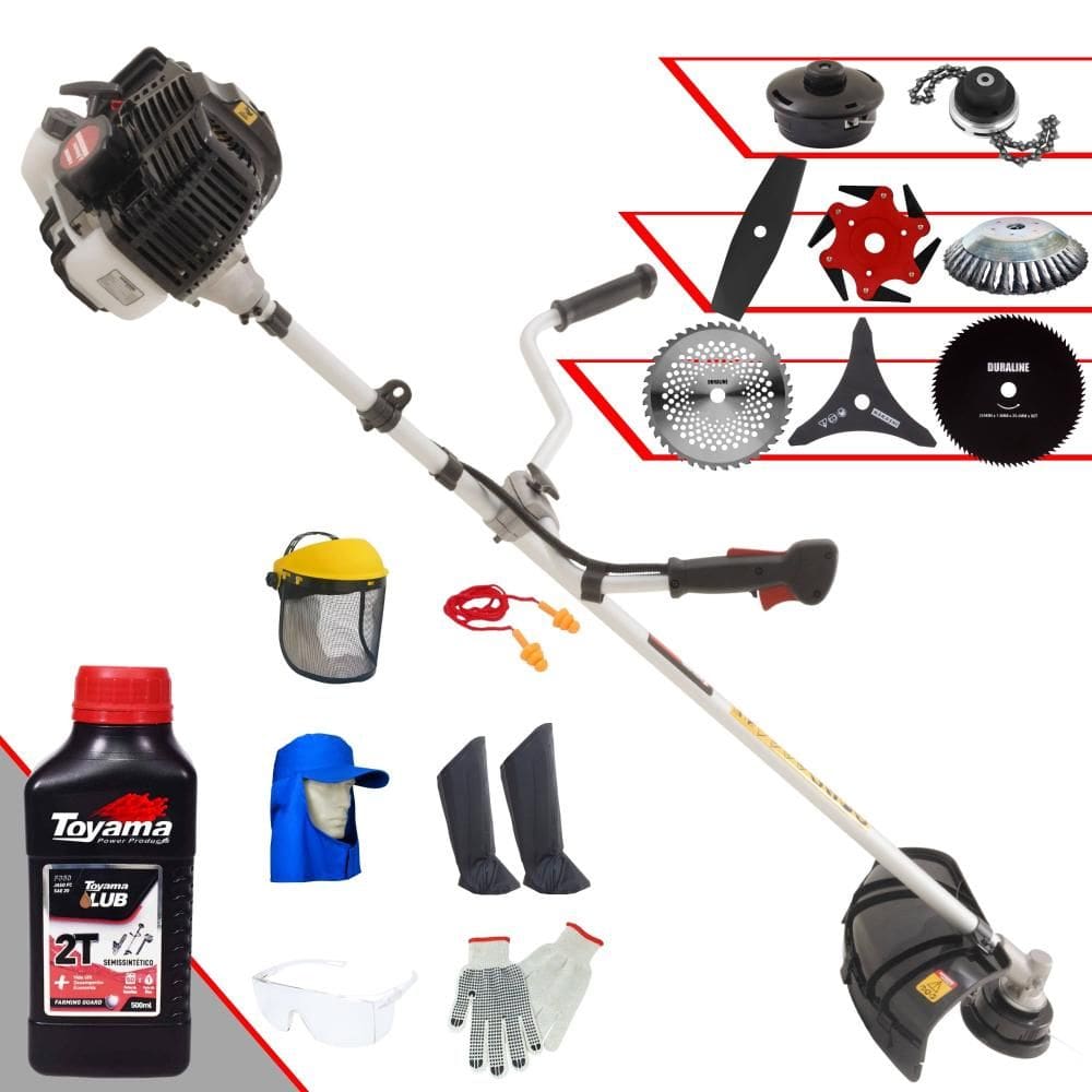 Roçadeira Kawashima KW52LE 52cc 2,5HP + Facas 2 Pontas, 3 Pontas, 6 Pontas, 40 Dentes Vídea, 80 Dentes, Trimmer e Escova de Aço + EPI + ÓLEO TOYAMA 2T
