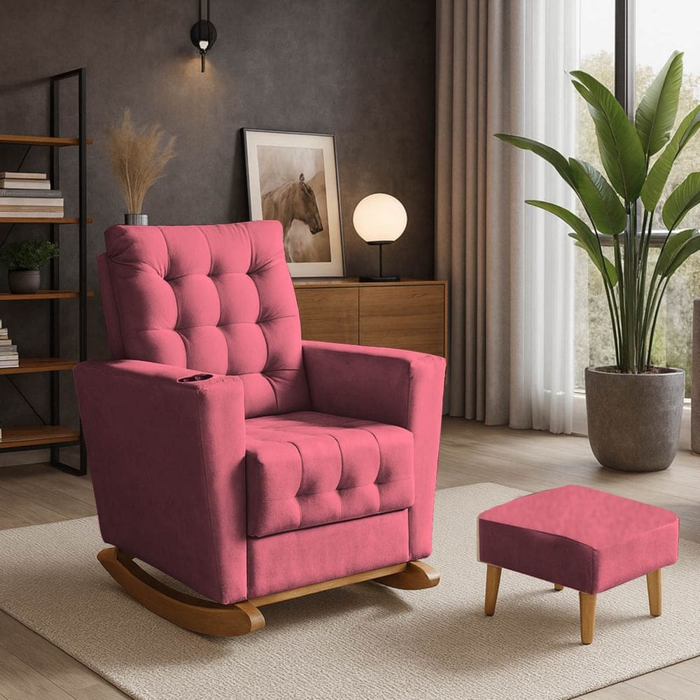 Poltrona Duna Amamentação Balanço e Puf Rosa