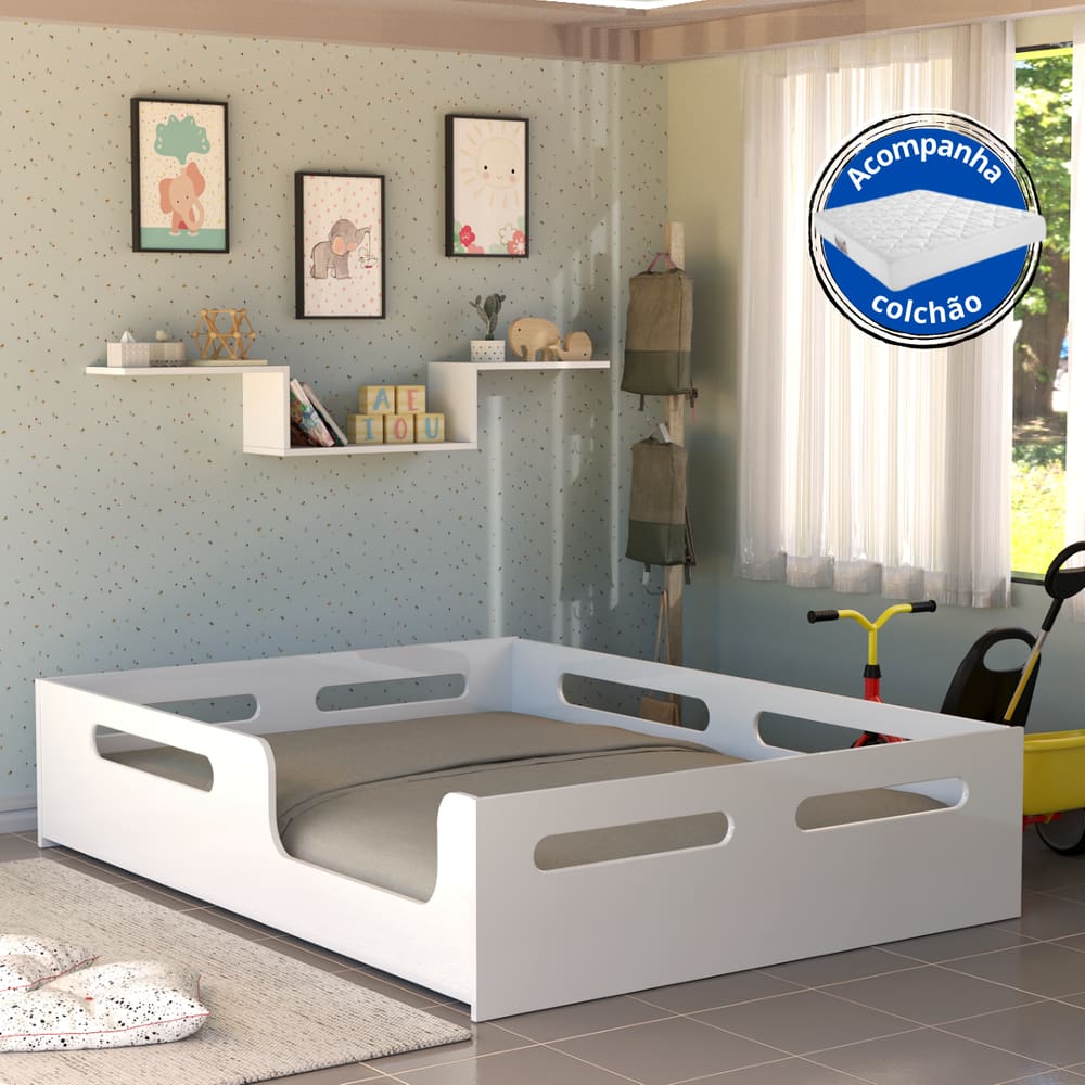 Cama Montessoriana Casal Infantil Design Moderno Com Proteção E Colchão