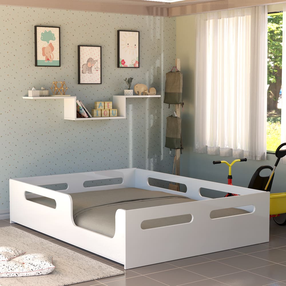 Cama Infantil Montessori Casal Baixa Com Proteção Lateral Para Criança