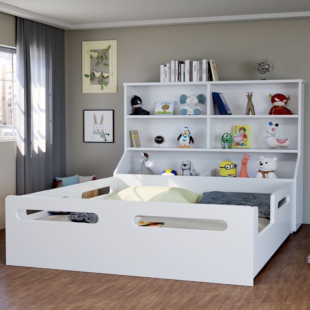 Cama Montessori Casal Infantil Com Estante Funcional Para Livros E Brinquedos